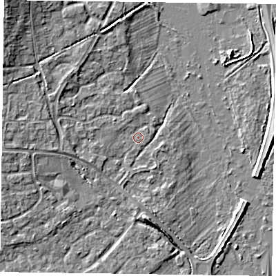 Shaded relief map of the ground around RG63BJ, computed from Environment Agency LiDAR. The ground here sits at about 39 m above sea level and falls 7 m across the surrounding 800 m. Surface water reaching this point runs off ground lying to the west-south-west, 1.0 m higher.