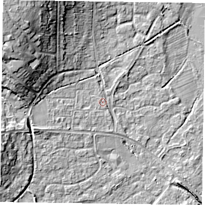 Shaded relief map of the ground around RG63BL, computed from Environment Agency LiDAR. The ground here sits at about 41 m above sea level and falls 17 m across the surrounding 800 m. Surface water reaching this point runs off ground lying to the west-north-west, 11.2 m higher.