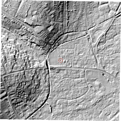 Shaded relief map of the ground around RG63BN, computed from Environment Agency LiDAR. The ground here sits at about 43 m above sea level and falls 17 m across the surrounding 800 m. Surface water reaching this point runs off ground lying to the north-north-west, 12.6 m higher.