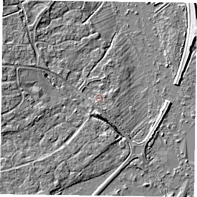 Shaded relief map of the ground around RG63BQ, computed from Environment Agency LiDAR. The ground here sits at about 40 m above sea level and falls 5 m across the surrounding 800 m. Surface water reaching this point runs off ground lying to the south-west, 1.1 m higher.