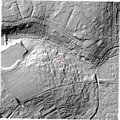 Shaded relief map of the ground around RG63BS, computed from Environment Agency LiDAR. The ground here sits at about 48 m above sea level and falls 20 m across the surrounding 800 m. Surface water reaching this point runs off ground lying to the south-west, 10.4 m higher.