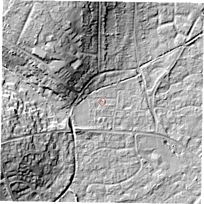 Shaded relief map of the ground around RG63BW, computed from Environment Agency LiDAR. The ground here sits at about 43 m above sea level and falls 17 m across the surrounding 800 m. Surface water reaching this point runs off ground lying to the north-west, 10.0 m higher.