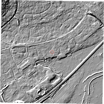 Shaded relief map of the ground around RG63TA, computed from Environment Agency LiDAR. The ground here sits at about 40 m above sea level and falls 8 m across the surrounding 800 m. Surface water reaching this point runs off ground lying to the south-west, 0.8 m higher.