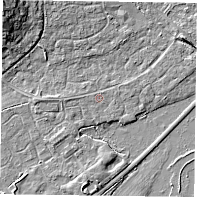Shaded relief map of the ground around RG63TB, computed from Environment Agency LiDAR. The ground here sits at about 40 m above sea level and falls 11 m across the surrounding 800 m. Surface water reaching this point runs off ground lying to the west, 0.6 m higher.
