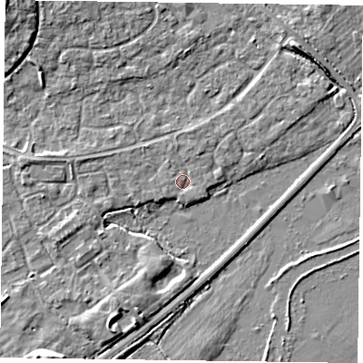 Shaded relief map of the ground around RG63TD, computed from Environment Agency LiDAR. The ground here sits at about 40 m above sea level and falls 7 m across the surrounding 800 m. Surface water reaching this point runs off ground lying to the west-north-west, 1.1 m higher.