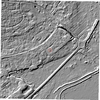 Shaded relief map of the ground around RG63TE, computed from Environment Agency LiDAR. The ground here sits at about 40 m above sea level and falls 5 m across the surrounding 800 m. Surface water reaching this point runs off ground lying to the west, 0.6 m higher.