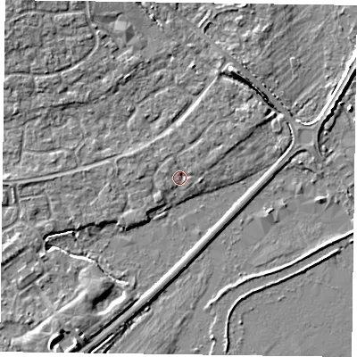 Shaded relief map of the ground around RG63TG, computed from Environment Agency LiDAR. The ground here sits at about 40 m above sea level and falls 4 m across the surrounding 800 m. Surface water reaching this point runs off ground lying to the north-north-west, 0.8 m higher.