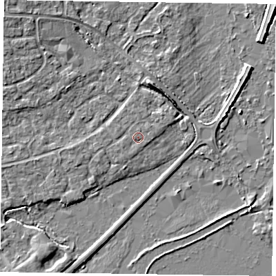 Shaded relief map of the ground around RG63TH, computed from Environment Agency LiDAR. The ground here sits at about 40 m above sea level and falls 4 m across the surrounding 800 m. Surface water reaching this point runs off ground lying to the north, 0.6 m higher.