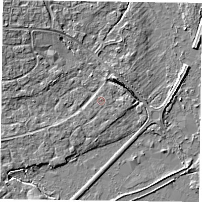 Shaded relief map of the ground around RG63TQ, computed from Environment Agency LiDAR. The ground here sits at about 40 m above sea level and falls 5 m across the surrounding 800 m. The ground contributing surface water to this point lies to the west-north-west.