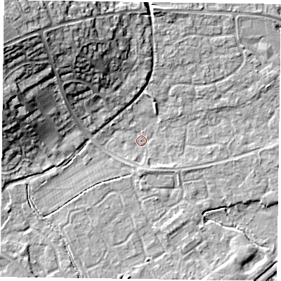 Shaded relief map of the ground around RG63UB, computed from Environment Agency LiDAR. The ground here sits at about 40 m above sea level and falls 19 m across the surrounding 800 m. Surface water reaching this point runs off ground lying to the north-west, 17.7 m higher.