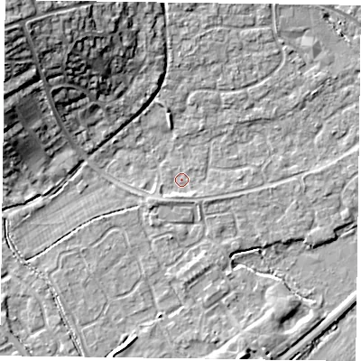 Shaded relief map of the ground around RG63UD, computed from Environment Agency LiDAR. The ground here sits at about 40 m above sea level and falls 17 m across the surrounding 800 m. Surface water reaching this point runs off ground lying to the south-west, 1.4 m higher.