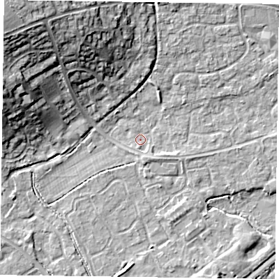 Shaded relief map of the ground around RG63UE, computed from Environment Agency LiDAR. The ground here sits at about 40 m above sea level and falls 19 m across the surrounding 800 m. Surface water reaching this point runs off ground lying to the north-west, 17.7 m higher.