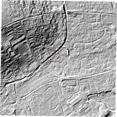 Shaded relief map of the ground around RG63UF, computed from Environment Agency LiDAR. The ground here sits at about 40 m above sea level and falls 19 m across the surrounding 800 m. Surface water reaching this point runs off ground lying to the north-west, 17.8 m higher.