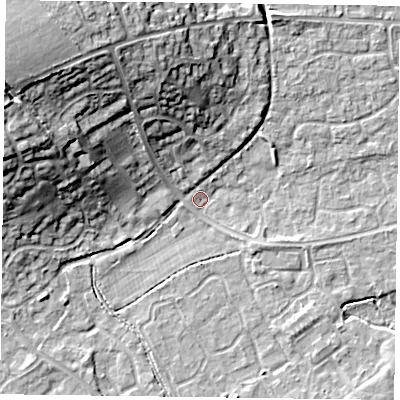 Shaded relief map of the ground around RG63UG, computed from Environment Agency LiDAR. The ground here sits at about 40 m above sea level and falls 20 m across the surrounding 800 m. Surface water reaching this point runs off ground lying to the north-west, 18.6 m higher.