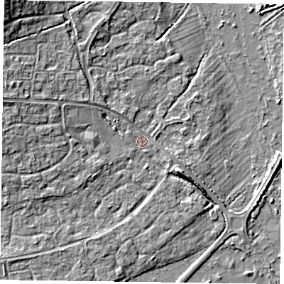 Shaded relief map of the ground around RG63UH, computed from Environment Agency LiDAR. The ground here sits at about 40 m above sea level and falls 8 m across the surrounding 800 m. Surface water reaching this point runs off ground lying to the west-north-west, 4.3 m higher.