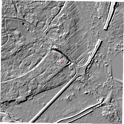 Shaded relief map of the ground around RG63UN, computed from Environment Agency LiDAR. The ground here sits at about 40 m above sea level and falls 4 m across the surrounding 800 m. Surface water reaching this point runs off ground lying to the west-south-west, 0.9 m higher.
