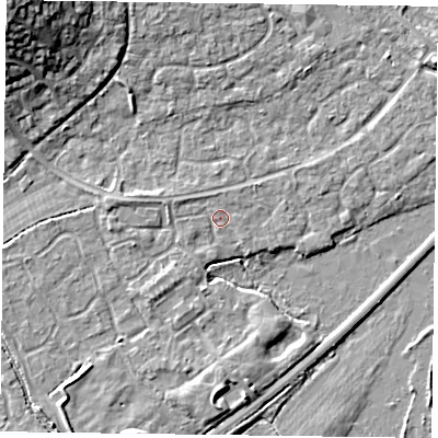 Shaded relief map of the ground around RG63UP, computed from Environment Agency LiDAR. The ground here sits at about 40 m above sea level and falls 13 m across the surrounding 800 m. Surface water reaching this point runs off ground lying to the west, 1.5 m higher.