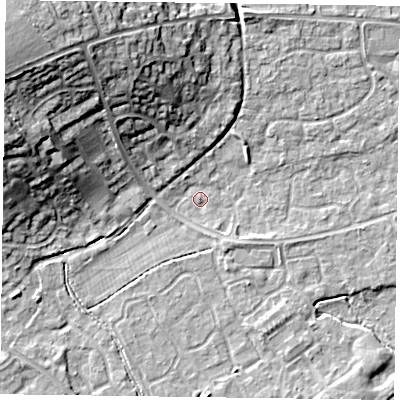 Shaded relief map of the ground around RG63UQ, computed from Environment Agency LiDAR. The ground here sits at about 40 m above sea level and falls 19 m across the surrounding 800 m. Surface water reaching this point runs off ground lying to the north-west, 18.1 m higher.