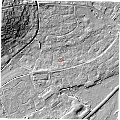 Shaded relief map of the ground around RG63XA, computed from Environment Agency LiDAR. The ground here sits at about 40 m above sea level and falls 14 m across the surrounding 800 m. Surface water reaching this point runs off ground lying to the north-west, 13.1 m higher.