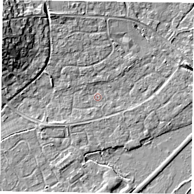 Shaded relief map of the ground around RG63XB, computed from Environment Agency LiDAR. The ground here sits at about 40 m above sea level and falls 13 m across the surrounding 800 m. Surface water reaching this point runs off ground lying to the north-west, 11.4 m higher.