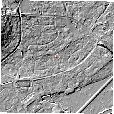 Shaded relief map of the ground around RG63XD, computed from Environment Agency LiDAR. The ground here sits at about 40 m above sea level and falls 10 m across the surrounding 800 m. Surface water reaching this point runs off ground lying to the west-north-west, 8.6 m higher.