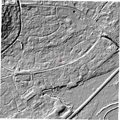 Shaded relief map of the ground around RG63XE, computed from Environment Agency LiDAR. The ground here sits at about 40 m above sea level and falls 9 m across the surrounding 800 m. Surface water reaching this point runs off ground lying to the east-south-east, 0.6 m higher.