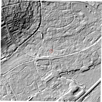 Shaded relief map of the ground around RG63XF, computed from Environment Agency LiDAR. The ground here sits at about 40 m above sea level and falls 16 m across the surrounding 800 m. Surface water reaching this point runs off ground lying to the south-south-west, 1.0 m higher.
