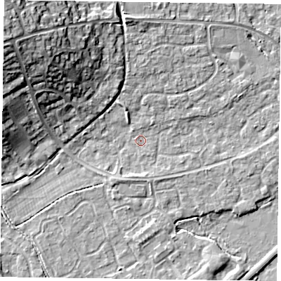 Shaded relief map of the ground around RG63XG, computed from Environment Agency LiDAR. The ground here sits at about 40 m above sea level and falls 17 m across the surrounding 800 m. Surface water reaching this point runs off ground lying to the north-west, 16.2 m higher.