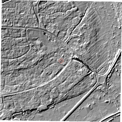Shaded relief map of the ground around RG63XJ, computed from Environment Agency LiDAR. The ground here sits at about 40 m above sea level and falls 5 m across the surrounding 800 m. Surface water reaching this point runs off ground lying to the west-north-west, 3.3 m higher.