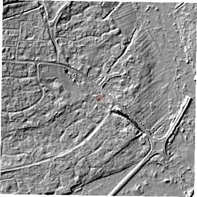 Shaded relief map of the ground around RG63XL, computed from Environment Agency LiDAR. The ground here sits at about 40 m above sea level and falls 6 m across the surrounding 800 m. Surface water reaching this point runs off ground lying to the west-north-west, 3.3 m higher.