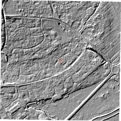 Shaded relief map of the ground around RG63XN, computed from Environment Agency LiDAR. The ground here sits at about 40 m above sea level and falls 7 m across the surrounding 800 m. Surface water reaching this point runs off ground lying to the north-west, 5.3 m higher.