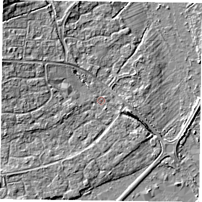 Shaded relief map of the ground around RG63XP, computed from Environment Agency LiDAR. The ground here sits at about 40 m above sea level and falls 8 m across the surrounding 800 m. Surface water reaching this point runs off ground lying to the west-north-west, 3.4 m higher.