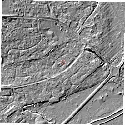 Shaded relief map of the ground around RG63XR, computed from Environment Agency LiDAR. The ground here sits at about 40 m above sea level and falls 7 m across the surrounding 800 m. Surface water reaching this point runs off ground lying to the north-west, 5.3 m higher.