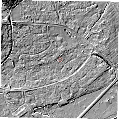 Shaded relief map of the ground around RG63XS, computed from Environment Agency LiDAR. The ground here sits at about 40 m above sea level and falls 10 m across the surrounding 800 m. Surface water reaching this point runs off ground lying to the north-west, 1.6 m higher.