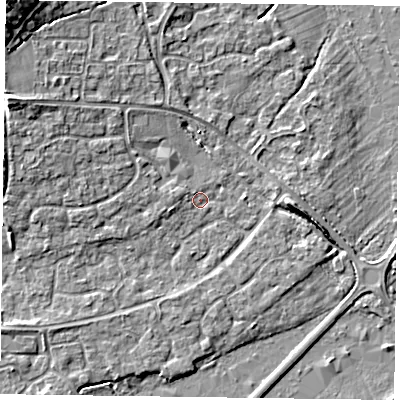 Shaded relief map of the ground around RG63XW, computed from Environment Agency LiDAR. The ground here sits at about 40 m above sea level and falls 10 m across the surrounding 800 m. Surface water reaching this point runs off ground lying to the west-south-west, 1.4 m higher.