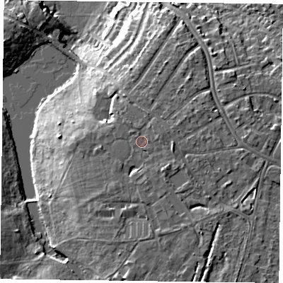 Shaded relief map of the ground around RG66BG, computed from Environment Agency LiDAR. The ground here sits at about 66 m above sea level and falls 14 m across the surrounding 800 m. Surface water reaching this point runs off ground lying to the south-east, 1.6 m higher.