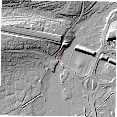 Shaded relief map of the ground around RG67EN, computed from Environment Agency LiDAR. The ground here sits at about 39 m above sea level and falls 15 m across the surrounding 800 m. Surface water reaching this point runs off ground lying to the west-north-west, 15.1 m higher.