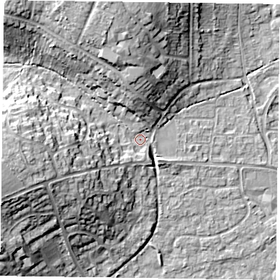 Shaded relief map of the ground around RG67HE, computed from Environment Agency LiDAR. The ground here sits at about 44 m above sea level and falls 18 m across the surrounding 800 m. Surface water reaching this point runs off ground lying to the west, 13.9 m higher.