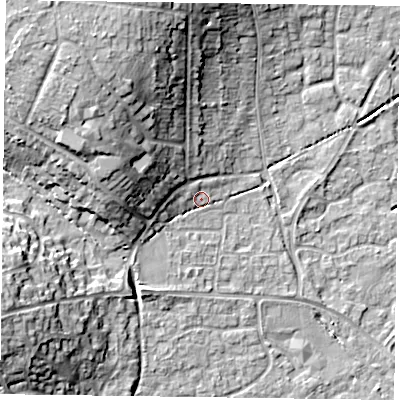 Shaded relief map of the ground around RG67HF, computed from Environment Agency LiDAR. The ground here sits at about 43 m above sea level and falls 18 m across the surrounding 800 m. Surface water reaching this point runs off ground lying to the west-north-west, 10.3 m higher.