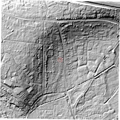 Shaded relief map of the ground around RG67JE, computed from Environment Agency LiDAR. The ground here sits at about 44 m above sea level and falls 18 m across the surrounding 800 m. Surface water reaching this point runs off ground lying to the west-north-west, 13.2 m higher.