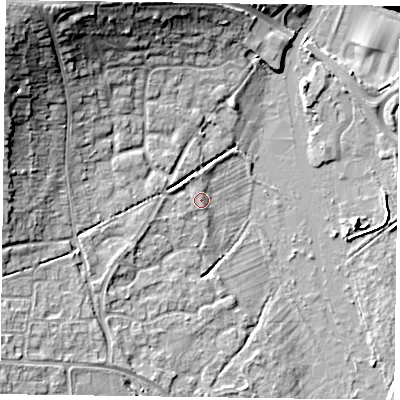 Shaded relief map of the ground around RG67XH, computed from Environment Agency LiDAR. The ground here sits at about 40 m above sea level and falls 16 m across the surrounding 800 m. Surface water reaching this point runs off ground lying to the west-north-west, 3.8 m higher.