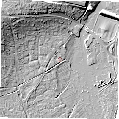 Shaded relief map of the ground around RG67XJ, computed from Environment Agency LiDAR. The ground here sits at about 40 m above sea level and falls 16 m across the surrounding 800 m. Surface water reaching this point runs off ground lying to the north-west, 14.1 m higher.