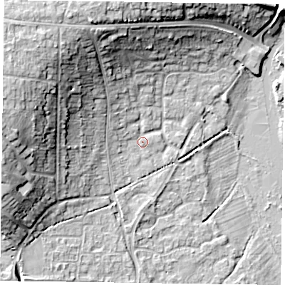 Shaded relief map of the ground around RG67XN, computed from Environment Agency LiDAR. The ground here sits at about 41 m above sea level and falls 17 m across the surrounding 800 m. Surface water reaching this point runs off ground lying to the north-west, 3.0 m higher.
