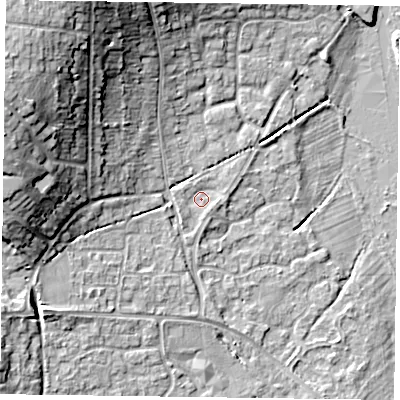 Shaded relief map of the ground around RG67XZ, computed from Environment Agency LiDAR. The ground here sits at about 41 m above sea level and falls 17 m across the surrounding 800 m. Surface water reaching this point runs off ground lying to the west-south-west, 1.2 m higher.