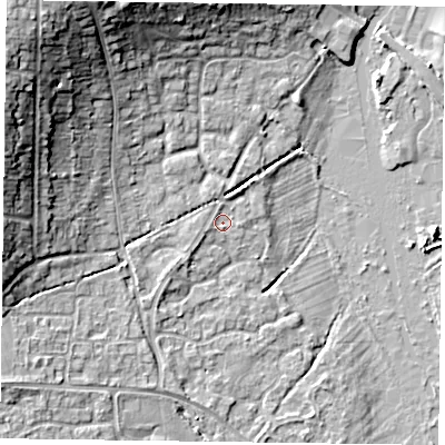 Shaded relief map of the ground around RG67YA, computed from Environment Agency LiDAR. The ground here sits at about 40 m above sea level and falls 17 m across the surrounding 800 m. Surface water reaching this point runs off ground lying to the west-south-west, 0.8 m higher.