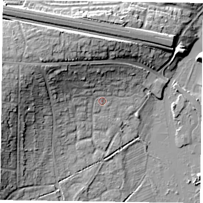 Shaded relief map of the ground around RG67YB, computed from Environment Agency LiDAR. The ground here sits at about 41 m above sea level and falls 17 m across the surrounding 800 m. Surface water reaching this point runs off ground lying to the north-west, 9.7 m higher.