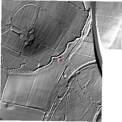 Shaded relief map of the ground around RG71HY, computed from Environment Agency LiDAR. The ground here sits at about 47 m above sea level and falls 21 m across the surrounding 800 m. Surface water reaching this point runs off ground lying to the east, 9.2 m higher.
