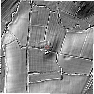 Shaded relief map of the ground around RG71JH, computed from Environment Agency LiDAR. The ground here sits at about 54 m above sea level and falls 15 m across the surrounding 800 m. Surface water reaching this point runs off ground lying to the south, 6.6 m higher.