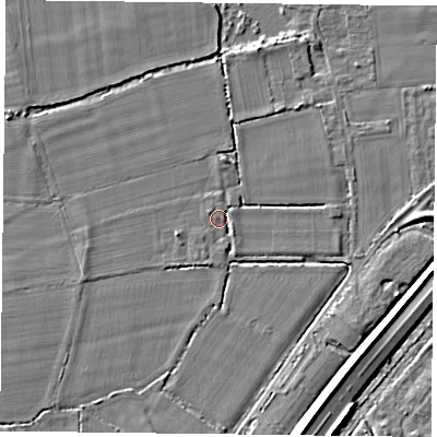 Shaded relief map of the ground around RG71JL, computed from Environment Agency LiDAR. The ground here sits at about 41 m above sea level and falls 8 m across the surrounding 800 m. Surface water reaching this point runs off ground lying to the south-south-west, 1.6 m higher.