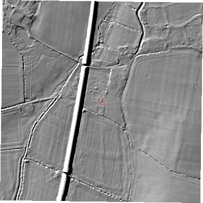 Shaded relief map of the ground around RG71JX, computed from Environment Agency LiDAR. The ground here sits at about 42 m above sea level and falls 8 m across the surrounding 800 m. Surface water reaching this point runs off ground lying to the north-north-east, 0.8 m higher.